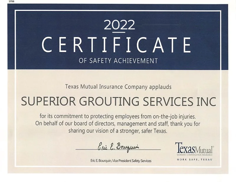 2022 safety achievement certificate from Texas Mutual Insurance.