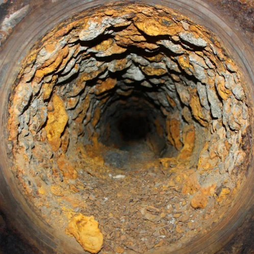 Rusty old mining tunnel interior view.