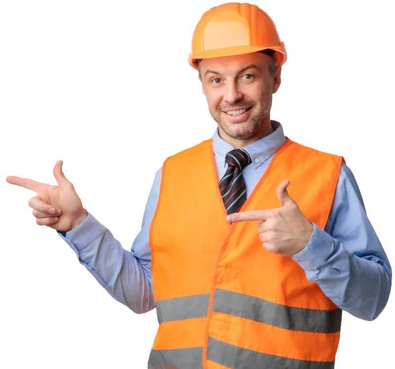 Smiling construction worker pointing and giving thumbs up.