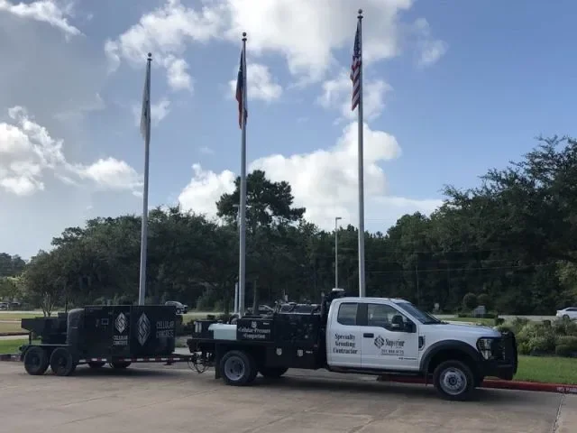 Service truck with equipment and flags outside building.