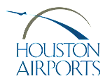 Houston Airports logo with blue swooshes.