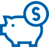Blue piggy bank with "S" gear icon.