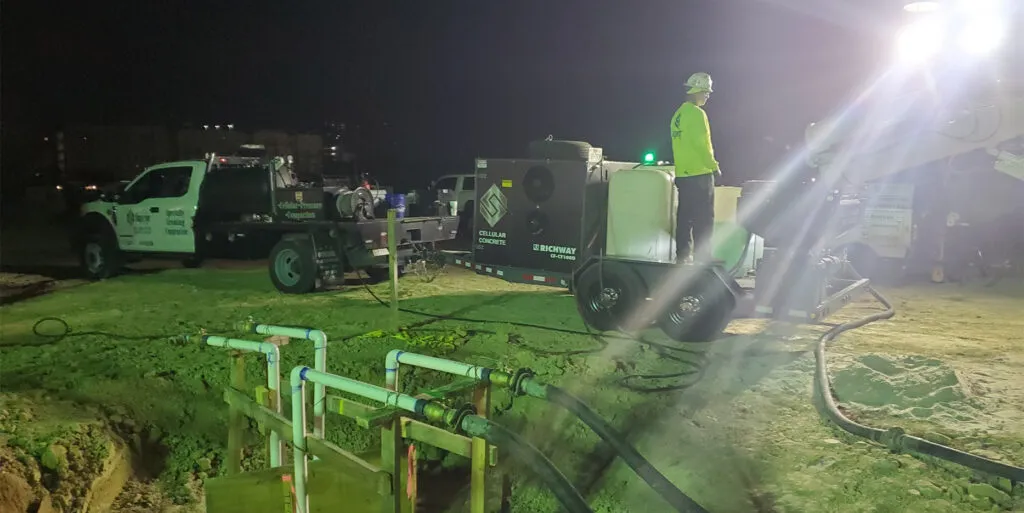 Nighttime construction work with lighting and equipment.