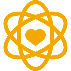 Golden atom-like symbol with central heart.