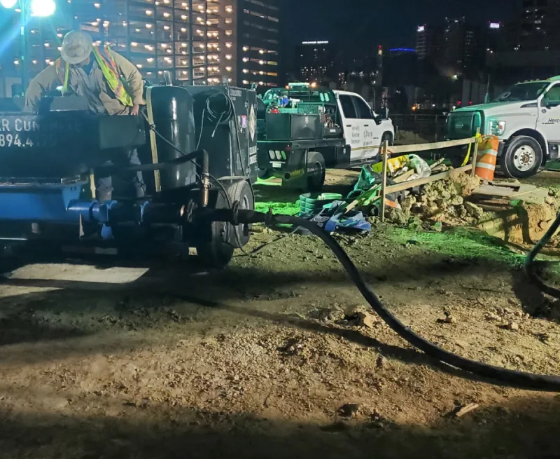 Construction worker at a nighttime urban job site.