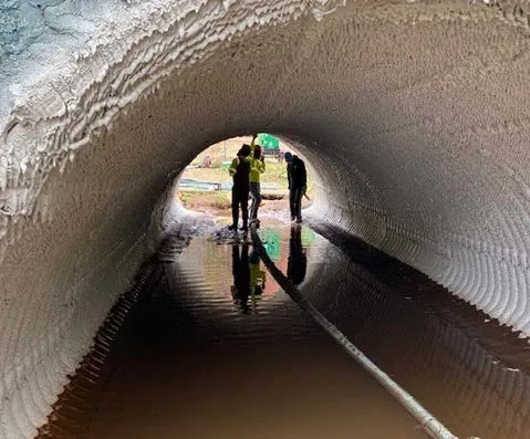 People silhouetted in a water-filled tunnel.