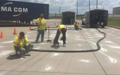 Workers applying sealant at industrial site.