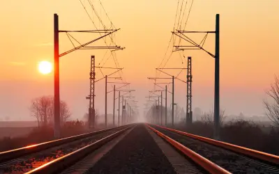 Sunset view over railway tracks.