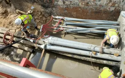 Workers installing underground pipes at construction site.