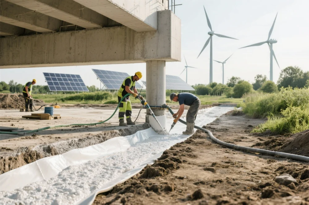 Workers installing pipeline near solar panels and wind turbines.
