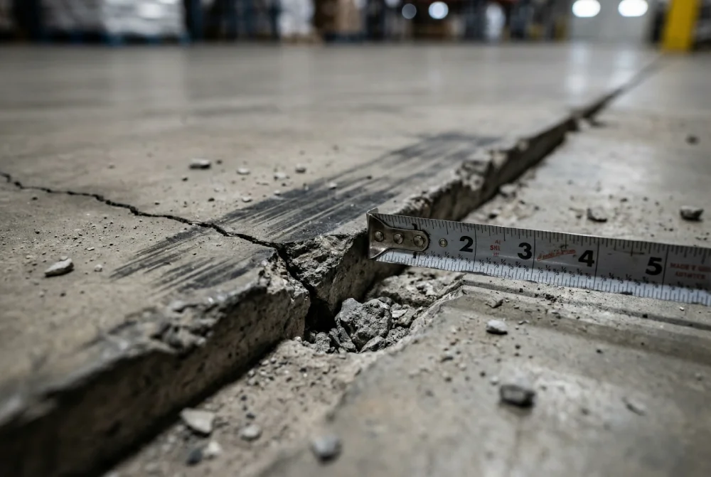 deteriorated-warehouse-floor-joint-with-spalling-and-forklift-marks