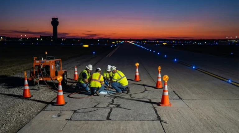 Workers repairing airport runway at sunset