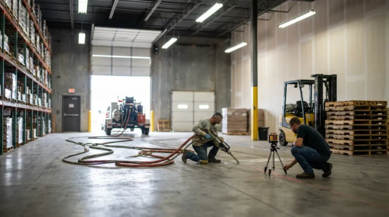 polyurethane-injection-crew-working-on-warehouse-floor-with-laser-level