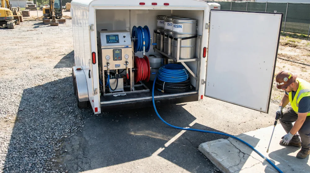 polyurethane-injection-rig-inside-v-nose-trailer-on-commercial-jobsite