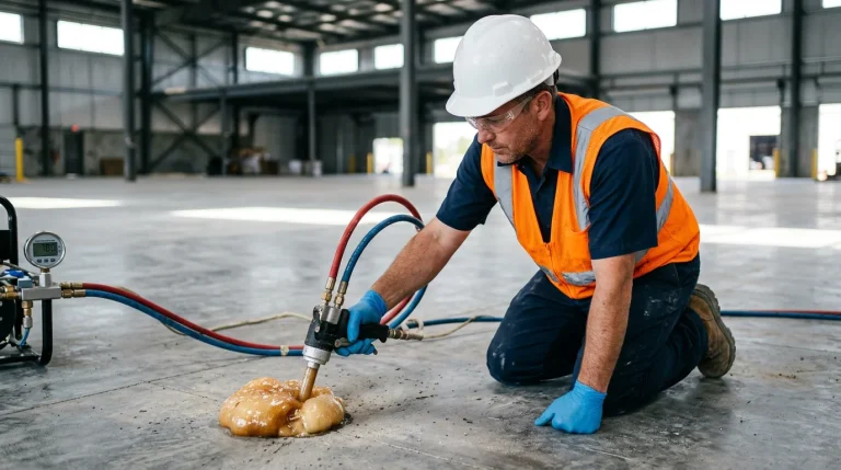 Polyurethane foam curing reaction expanding from injection port in industrial concrete slab. Superior Grouting Houston