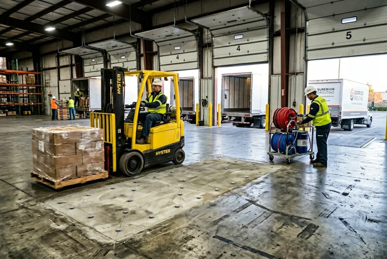 Side-by-side comparison of polyurethane grouting injection ports versus concrete slab demolition on industrial warehouse floor. Superior Grouting