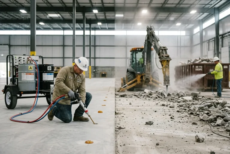 Industrial polyurethane grouting operation showing minimal waste footprint compared to concrete replacement, Superior Grouting commercial sustainability