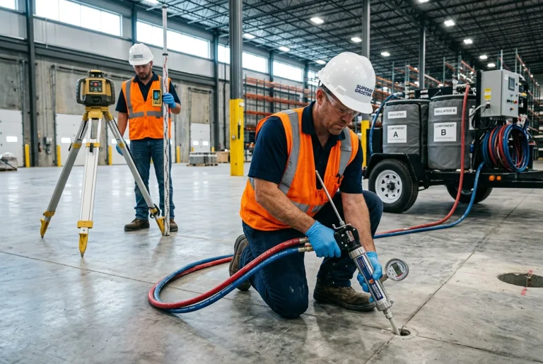 Superior Grouting crew executing staged polyurethane injection on industrial warehouse slab with laser level monitoring active