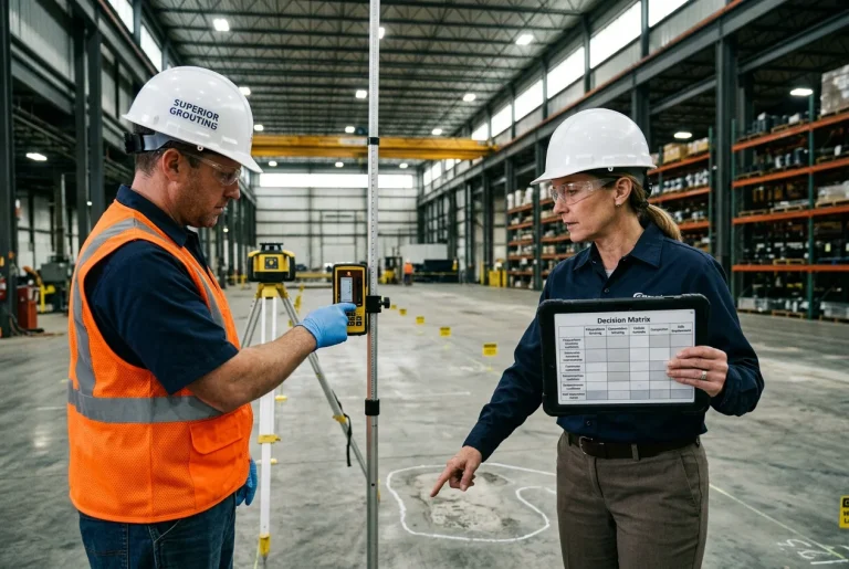 Engineer reviewing project selection criteria framework comparing polyurethane grouting against alternative rehabilitation methods on industrial site