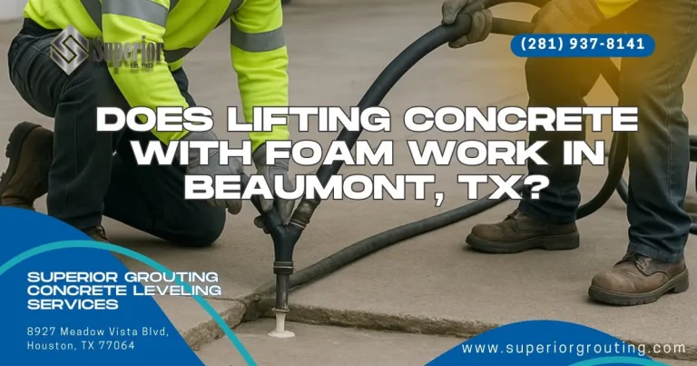 Workers lifting concrete slab with foam injection