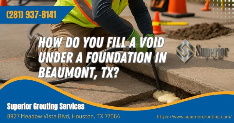 Worker injecting foam under concrete foundation slab