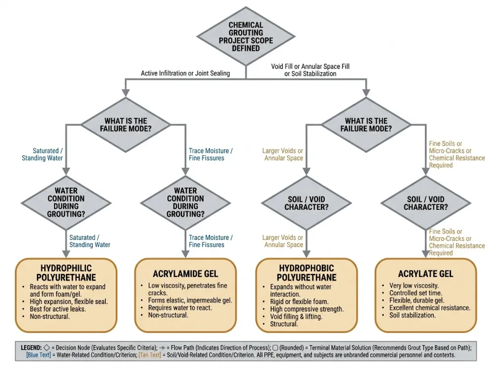 Chemical grout selection decision tree showing branching by defect type, water condition, and application to reach appropriate material class