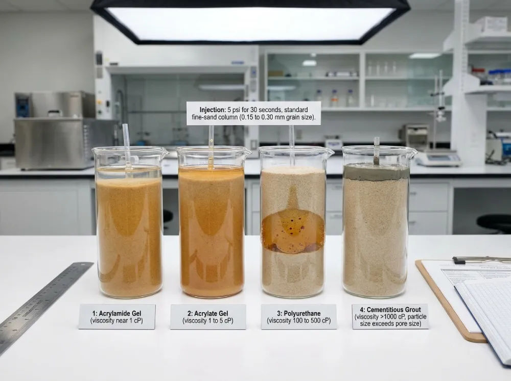 Laboratory viscosity comparison showing chemical grout classes flowing into small-particle soil samples versus cementitious grout blocked at surface