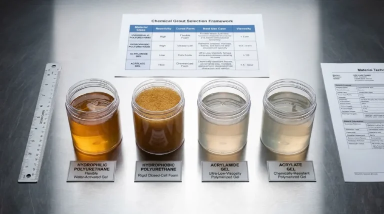 Four chemical grout material samples laid out on inspection bench for engineering comparison: hydrophilic polyurethane, hydrophobic polyurethane, acrylamide gel, and acrylate gel