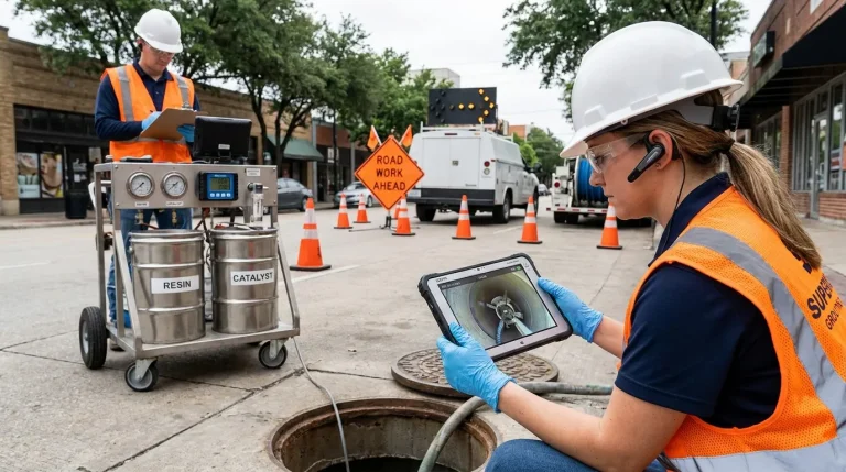 Superior Grouting crew executing chemical grouting at CIPP liner lateral connection to seal residual infiltration path after cured-in-place pipe installation