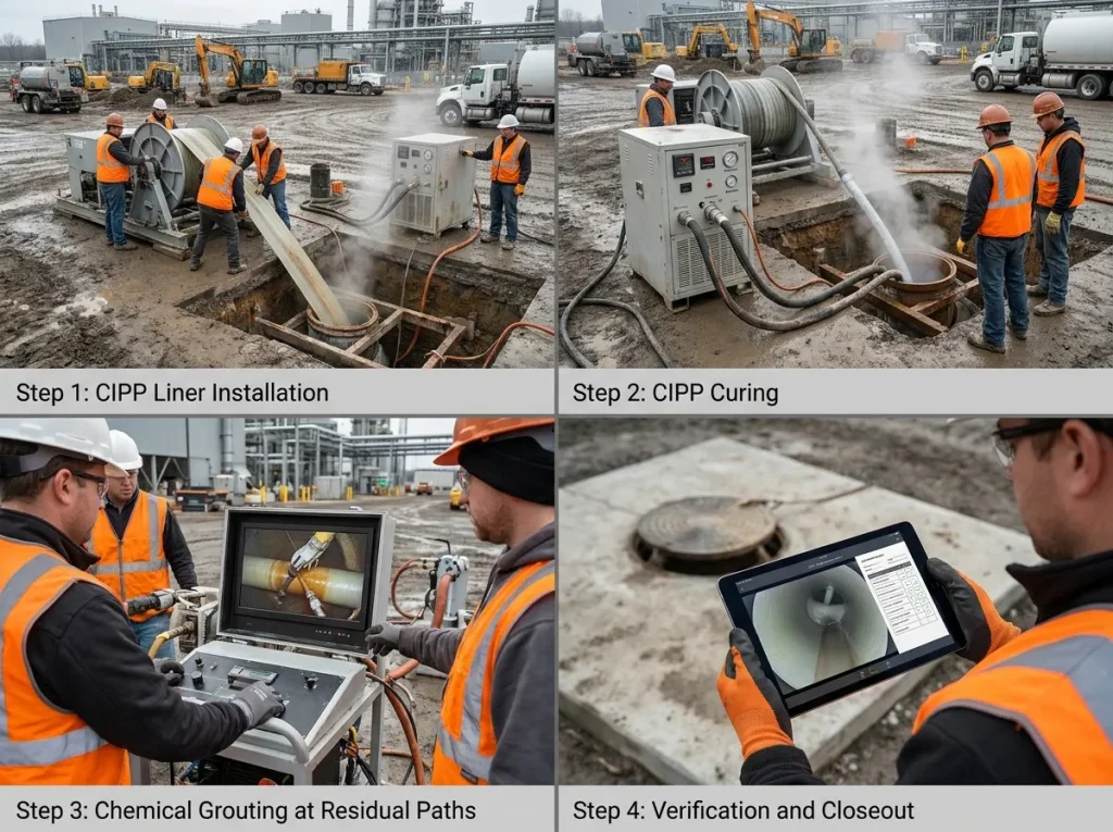 Four-step paired-scope workflow showing CIPP liner installation followed by chemical grouting at annular space, lateral connections, and manhole termination