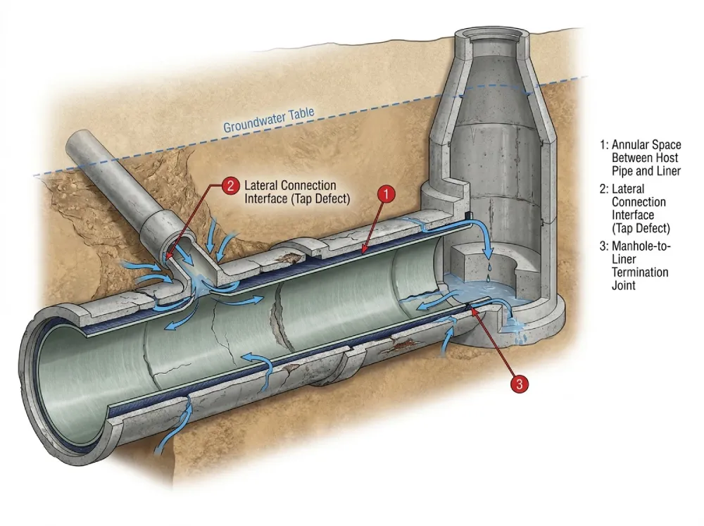 Technical cross-section illustration of a CIPP-lined sewer showing three residual infiltration paths a liner alone cannot seal: annular space, lateral connections, and manhole junction