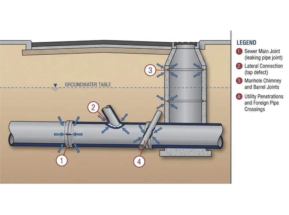 Cross-section diagram showing four I&I pathways addressed by chemical grouting: sewer main joints, lateral connections, manhole walls, and utility penetrations