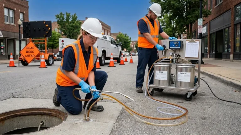 Superior Grouting crew executing chemical grout injection at municipal sanitary sewer joint through drilled port with pressure monitoring active