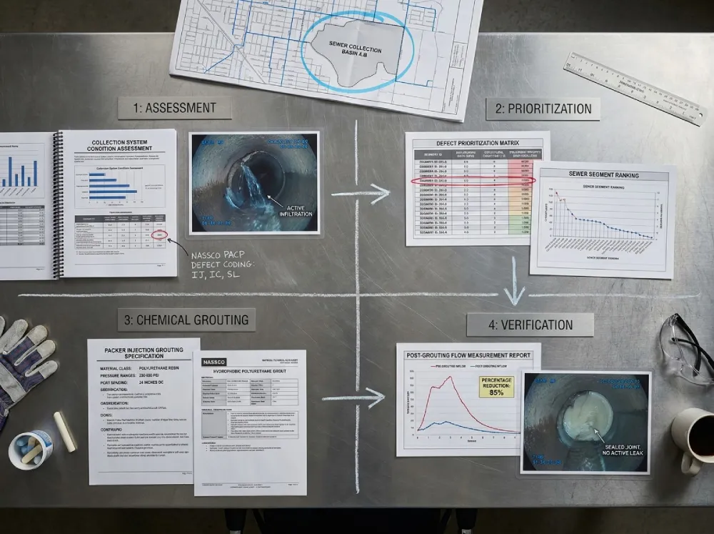 Four-phase municipal I&I reduction program workflow using chemical grouting: assessment, prioritization, injection, and verification