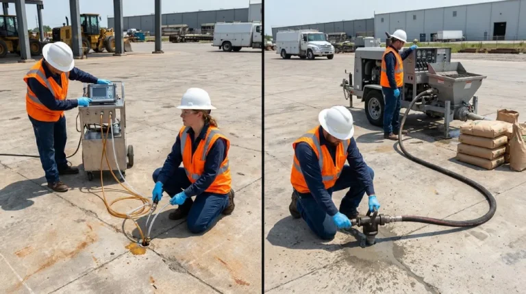 Side-by-side comparison of chemical grouting equipment injecting low-viscosity resin versus cementitious grouting equipment injecting heavy cement slurry on industrial worksite