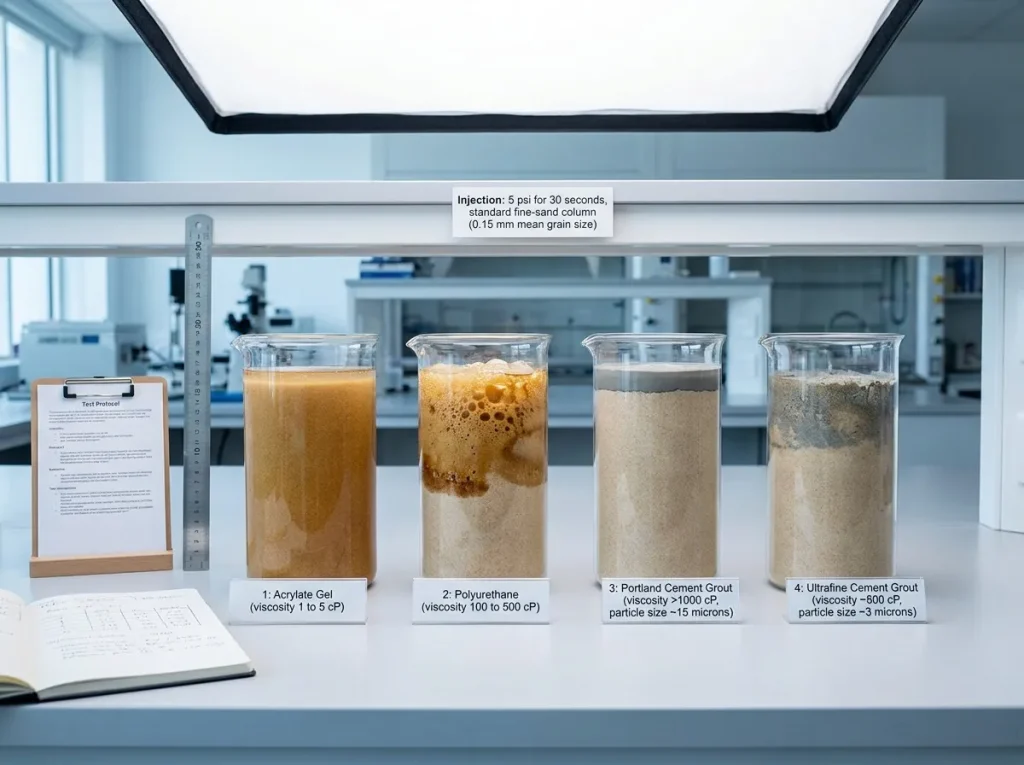 Laboratory viscosity comparison showing chemical grout permeating fine soil versus cementitious grout blocked at soil surface unable to enter fine pore space
