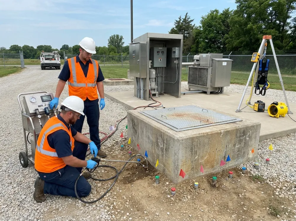 Curtain grouting execution around municipal lift station wet well exterior treating soil-side infiltration pathway with confined-space setup on standby