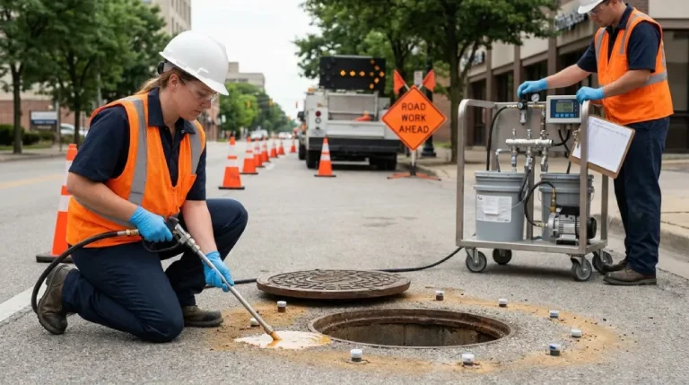 Superior Grouting crew executing curtain grouting around municipal manhole exterior injecting chemical grout into surrounding soil to form water barrier