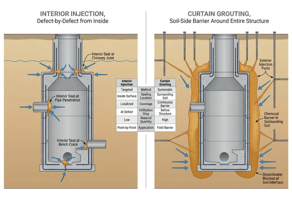 Technical cross-section illustration comparing interior injection versus curtain grouting on a municipal manhole showing soil-side chemical barrier formation