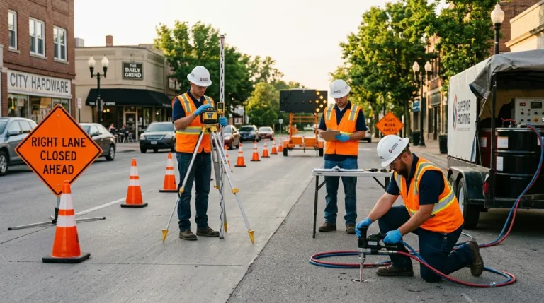 Superior Grouting crew executing polyurethane injection on settled municipal roadway pavement with full work zone traffic control active