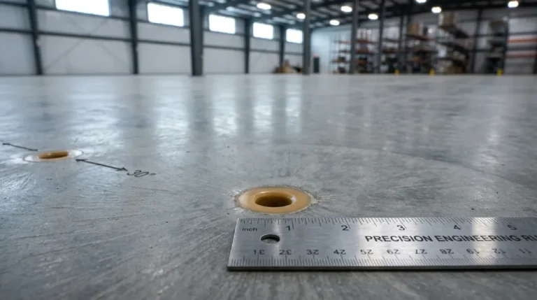 Macro detail view of five-eighths inch polyurethane injection port drilled in finished industrial slab showing minimal surface impact