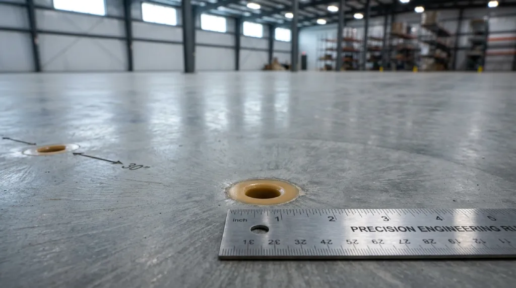 Macro detail view of five-eighths inch polyurethane injection port drilled in finished industrial slab showing minimal surface impact