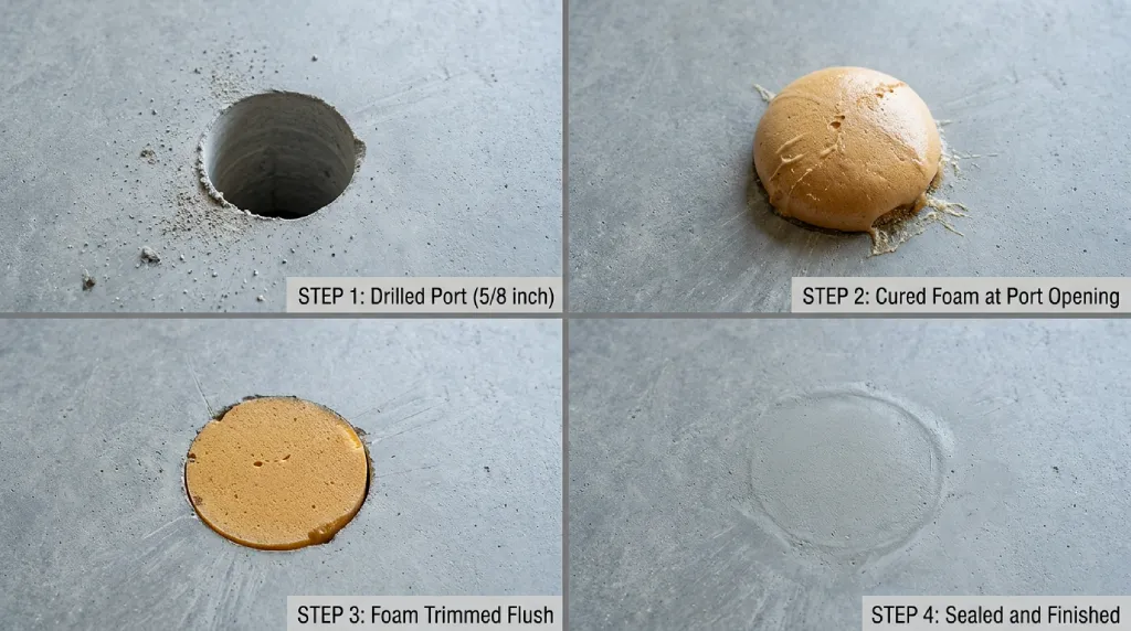 Step-by-step macro sequence showing polyurethane grouting port finishing from drilled hole through cured foam trim to color-matched final surface