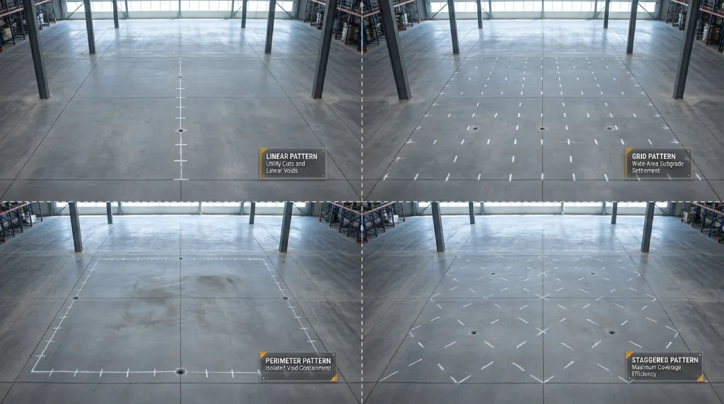 Top-down comparison of polyurethane grouting injection patterns: linear, grid, perimeter, and staggered configurations on industrial slabs