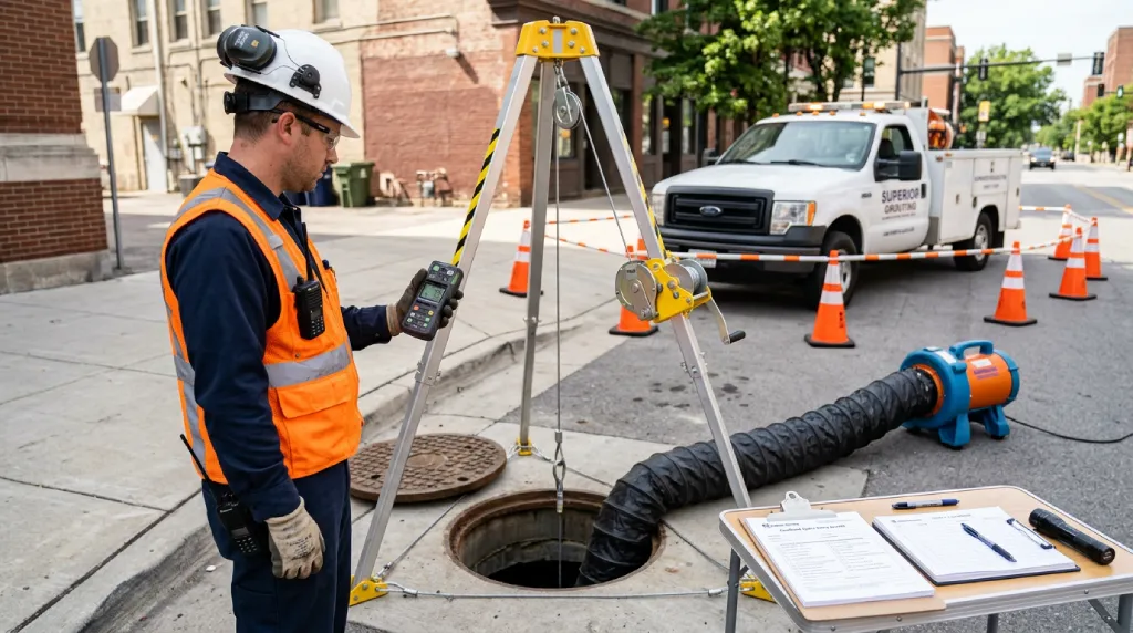 OSHA-compliant confined space entry setup for polyurethane grouting in underground utility structure with tripod retrieval, atmospheric monitor, and ventilation active