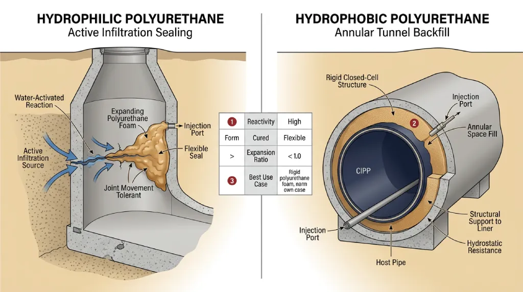 Technical illustration comparing hydrophilic polyurethane for active infiltration sealing versus hydrophobic polyurethane for void filling in utility infrastructure