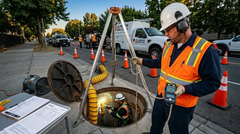 Superior Grouting technician executing hydrophilic polyurethane infiltration sealing inside municipal sanitary sewer manhole with confined-space safety setup active