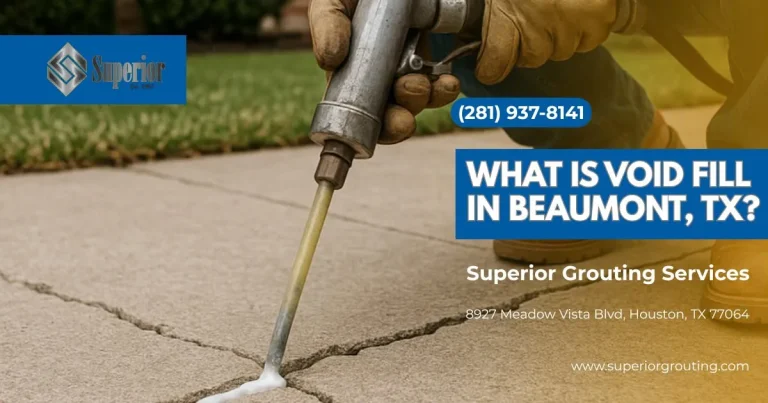 Worker injecting grout into cracked concrete sidewalk