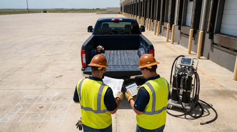 Polyurethane grouting contractor crew reviewing injection plan and pressure logs at commercial Texas job site before drilling ports