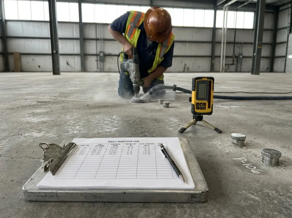 Daily injection log with pressure and volume records kept by qualified polyurethane grouting contractor during slab stabilization
